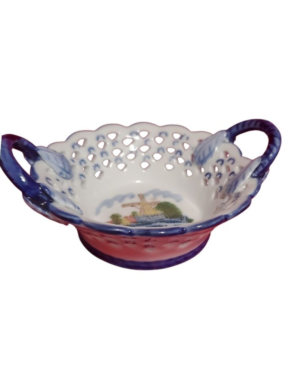 D.N&E.L Hand-Vtg Porcelain Basket W/Windmill Scene & Dual Handles Blue & White - Picture 2 of 12